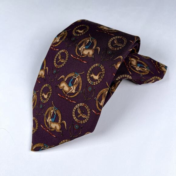 Salvatore Ferragamo Horses Equestrian Necktie 100% Silk Italy Made Purple Maroon - Picture 1 of 6